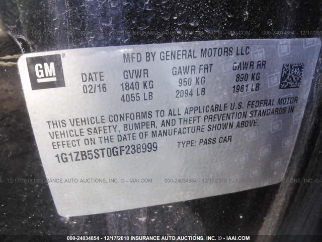 1G1ZB5ST0GF238999 - 2016 CHEVROLET MALIBU LS BLACK photo 9