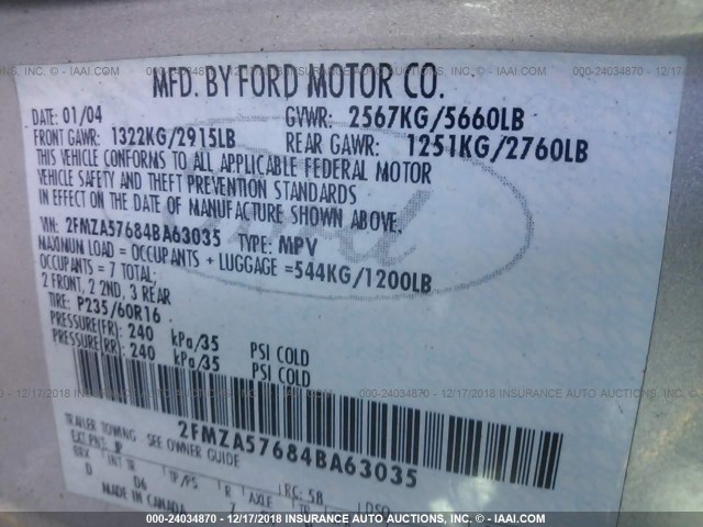 2FMZA57684BA63035 - 2004 FORD FREESTAR SES SILVER photo 9