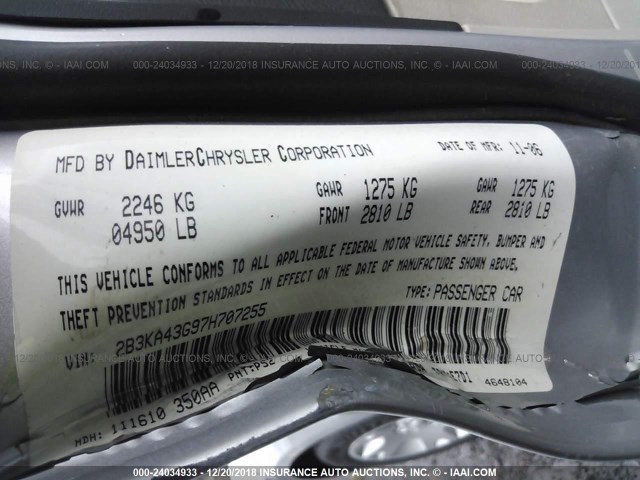 2B3KA43G97H707255 - 2007 DODGE CHARGER SE/SXT SILVER photo 9