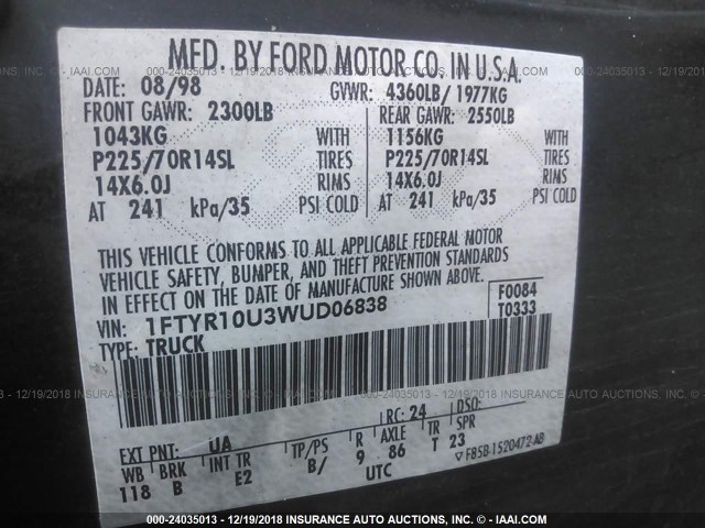 1FTYR10U3WUD06838 - 1998 FORD RANGER BLACK photo 9