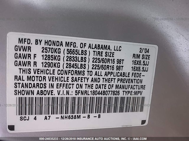 5FNRL18044B077826 - 2004 HONDA ODYSSEY EXL SILVER photo 9