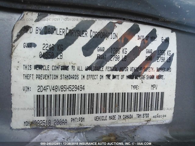 2D4FV48V85H529494 - 2005 DODGE MAGNUM SXT GRAY photo 9