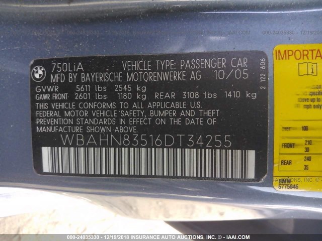 WBAHN83516DT34255 - 2006 BMW 750 LI GRAY photo 9