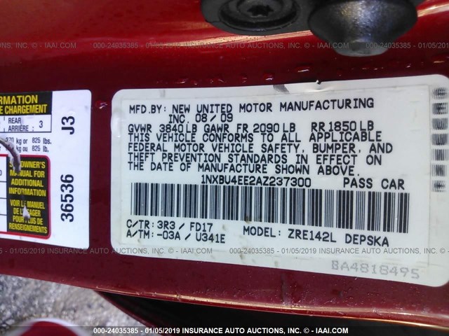 1NXBU4EE2AZ237300 - 2010 TOYOTA COROLLA S/LE/XLE RED photo 9