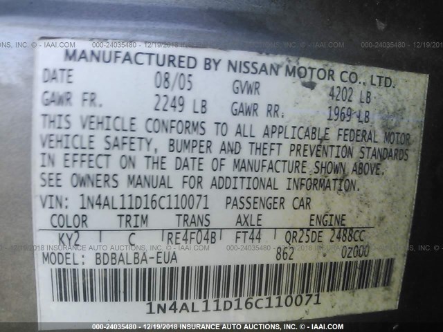 1N4AL11D16C110071 - 2006 NISSAN ALTIMA S/SL GRAY photo 9