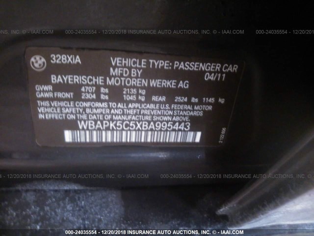 WBAPK5C5XBA995443 - 2011 BMW 328 XI SULEV BLACK photo 9