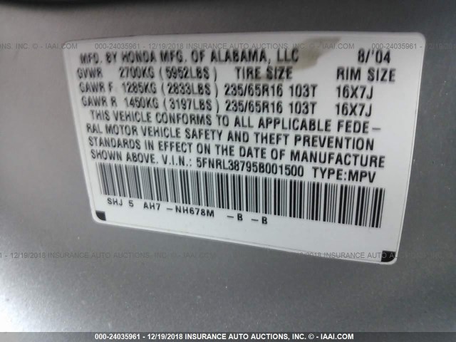 5FNRL38795B001500 - 2005 HONDA ODYSSEY EXL SILVER photo 9