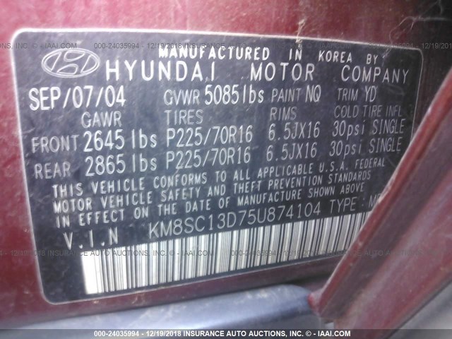 KM8SC13D75U874104 - 2005 HYUNDAI SANTA FE GLS/LX RED photo 9