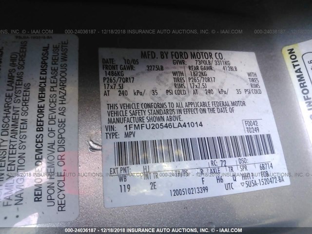 1FMFU20546LA41014 - 2006 FORD EXPEDITION LIMITED SILVER photo 9