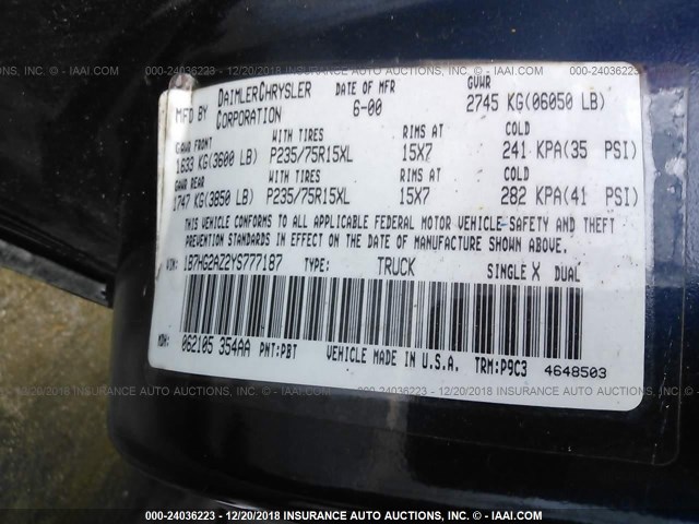 1B7HG2AZ2YS777187 - 2000 DODGE DAKOTA QUAD BLUE photo 9