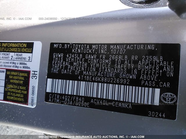 4T1BE46K88U226992 - 2008 TOYOTA CAMRY CE/LE/XLE/SE GOLD photo 9