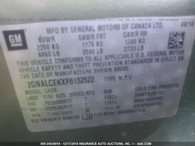 2GNALCEKXF6132522 - 2015 CHEVROLET EQUINOX LT GREEN photo 9