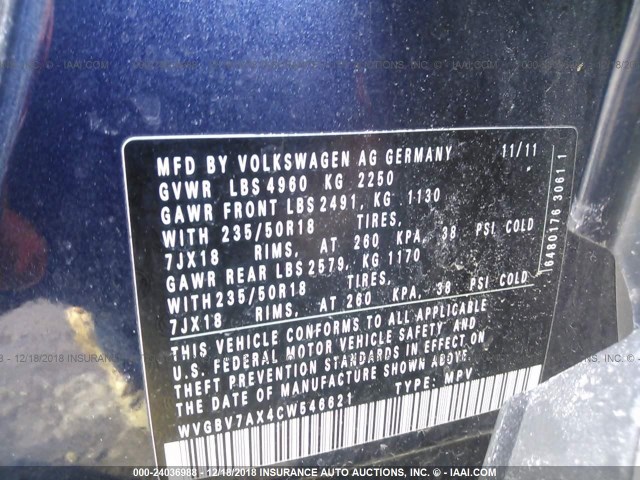 WVGBV7AX4CW546621 - 2012 VOLKSWAGEN TIGUAN S/SE/SEL BLACK photo 9