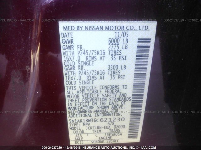 5N1AR18W36C621230 - 2006 NISSAN PATHFINDER LE/SE/XE RED photo 9