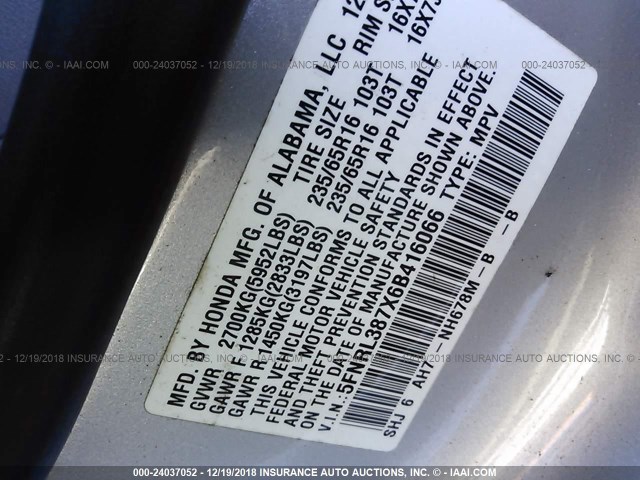 5FNRL387X6B416066 - 2006 HONDA ODYSSEY EXL SILVER photo 9