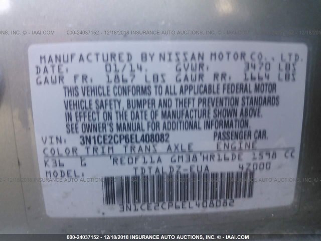 3N1CE2CP6EL408082 - 2014 NISSAN VERSA NOTE S/S PLUS/SV/SL SILVER photo 9