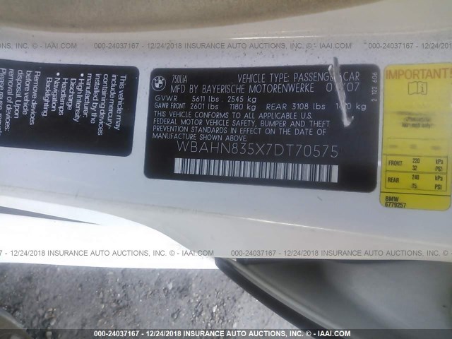 WBAHN835X7DT70575 - 2007 BMW 750 WHITE photo 9