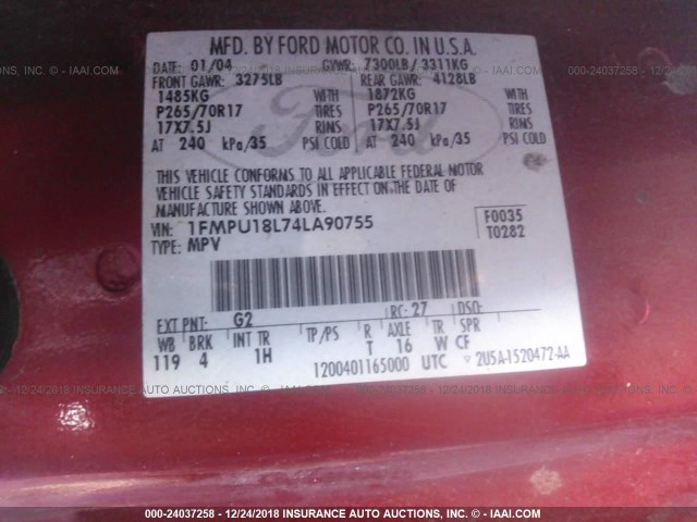 1FMPU18L74LA90755 - 2004 FORD EXPEDITION EDDIE BAUER RED photo 9