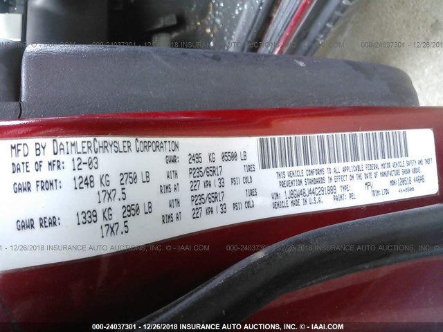 1J8GW48J44C291889 - 2004 JEEP GRAND CHEROKEE LAREDO/COLUMBIA/FREEDOM 红色 照片 9