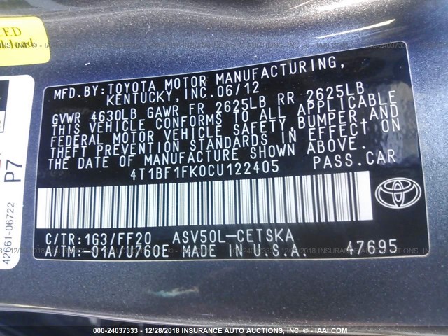 4T1BF1FK0CU122405 - 2012 TOYOTA CAMRY SE/LE/XLE 灰色 照片 9