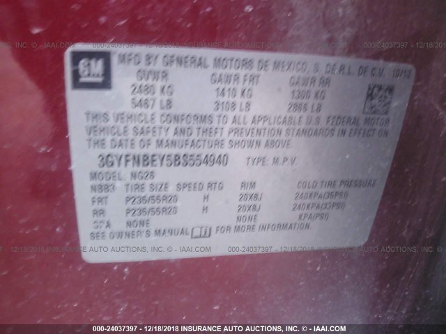 3GYFNBEY5BS554940 - 2011 CADILLAC SRX PERFORMANCE COLLECTION Қызыл фото 9