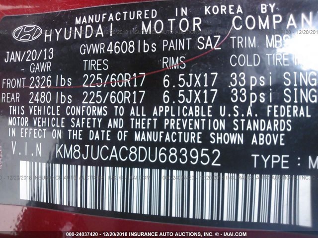 KM8JUCAC8DU683952 - 2013 HYUNDAI TUCSON GLS/LIMITED 红色 照片 9