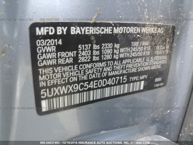 5UXWX9C54E0D40715 - 2014 BMW X3 XDRIVE28I BLUE photo 9