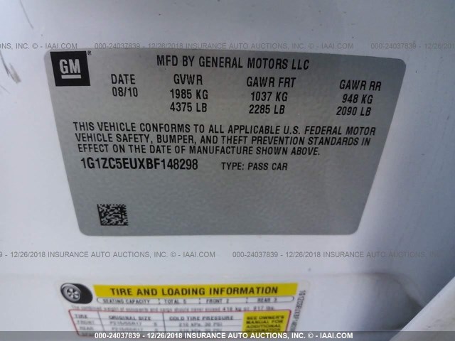 1G1ZC5EUXBF148298 - 2011 CHEVROLET MALIBU 1LT WHITE photo 9