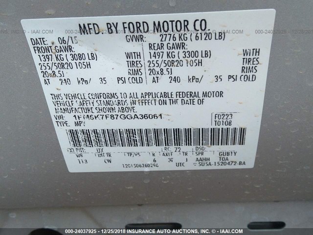 1FM5K7F87GGA36061 - 2016 FORD EXPLORER LIMITED SILVER photo 9