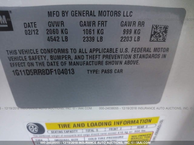 1G11D5RR8DF104013 - 2013 CHEVROLET MALIBU 1LT WHITE photo 9