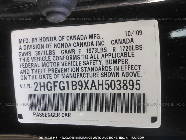 2HGFG1B9XAH503895 - 2010 HONDA CIVIC EXL BLACK photo 9