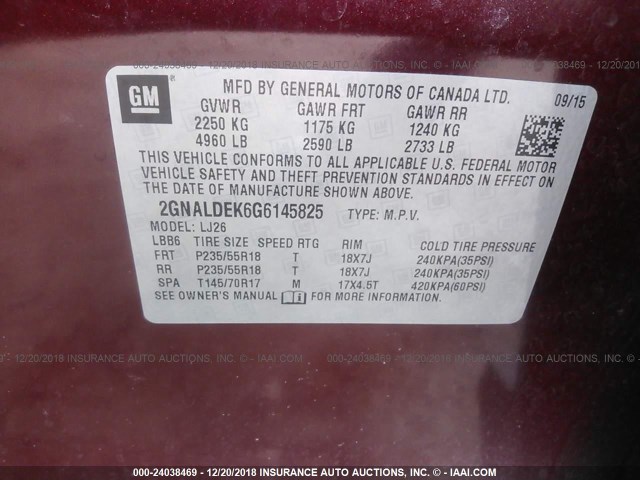 2GNALDEK6G6145825 - 2016 CHEVROLET EQUINOX LTZ RED photo 9