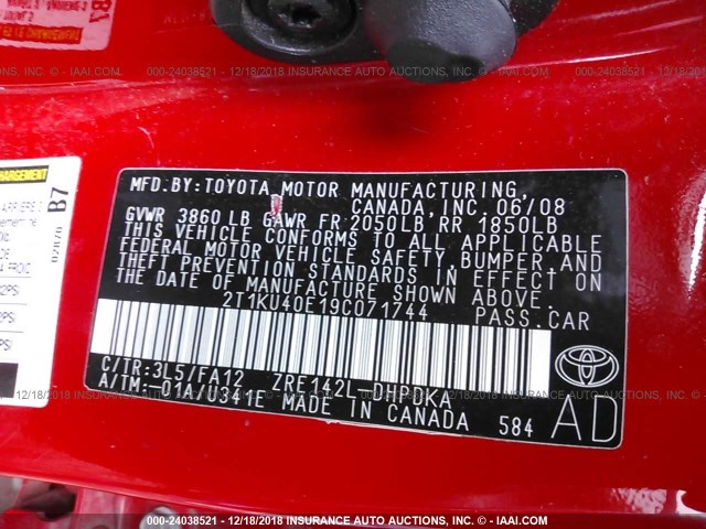 2T1KU40E19C071744 - 2009 TOYOTA COROLLA MATRIX  RED photo 9