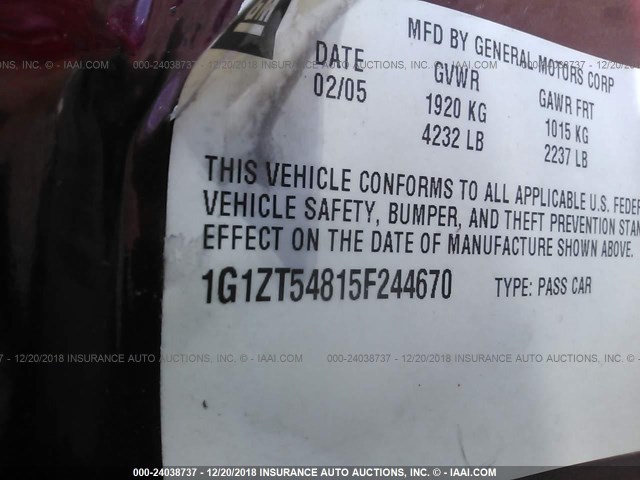 1G1ZT54815F244670 - 2005 CHEVROLET MALIBU LS BURGUNDY photo 9