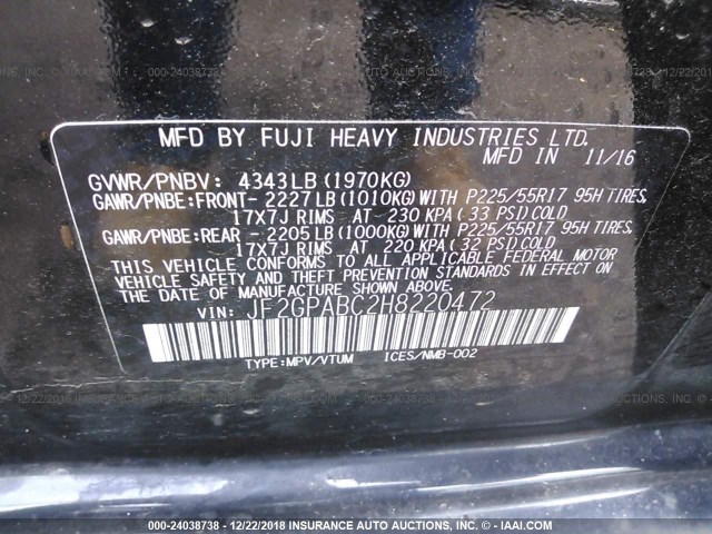 JF2GPABC2H8220472 - 2017 SUBARU CROSSTREK PREMIUM შავი ფოტო 9