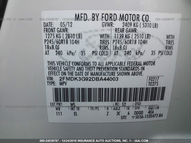 2FMDK3G92DBA44003 - 2013 FORD EDGE SE WHITE photo 9