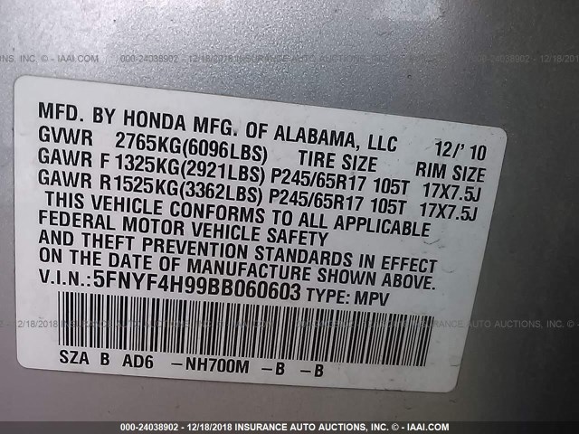 5FNYF4H99BB060603 - 2011 HONDA PILOT TOURING SILVER photo 9