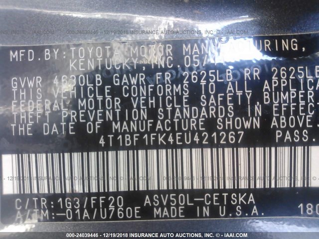 4T1BF1FK4EU421267 - 2014 TOYOTA CAMRY L/SE/LE/XLE 灰色 照片 9