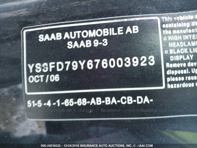 YS3FD79Y676003923 - 2007 SAAB 9-3 2.0T BLACK photo 9