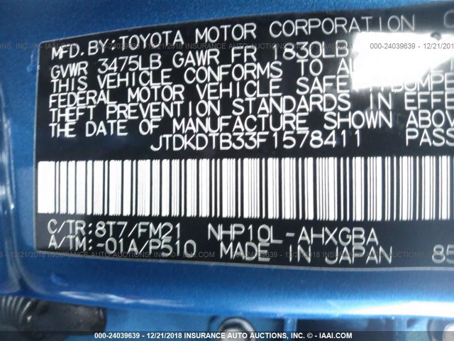 JTDKDTB33F1578411 - 2015 TOYOTA PRIUS C BLUE photo 9