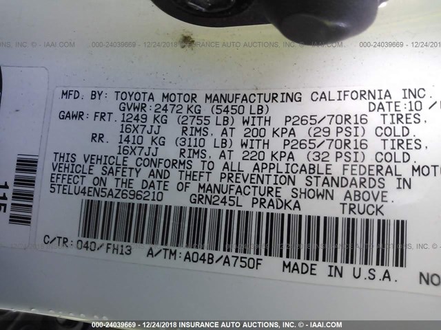 5TELU4EN5AZ696210 - 2010 TOYOTA TACOMA DOUBLE CAB 白色 照片 9