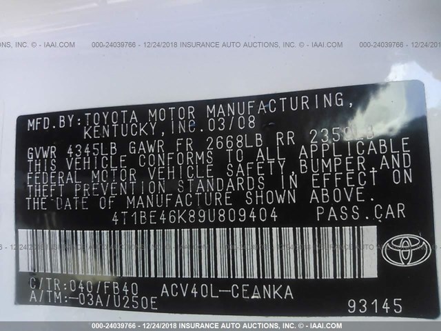 4T1BE46K89U809404 - 2009 TOYOTA CAMRY SE/LE/XLE 白色 照片 9