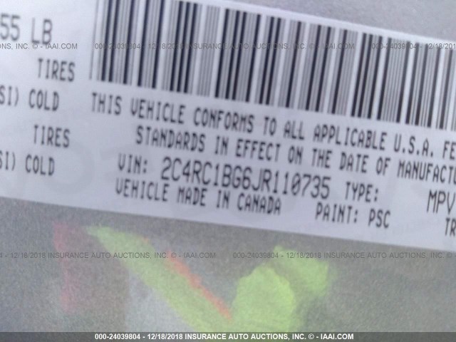 2C4RC1BG6JR110735 - 2018 CHRYSLER PACIFICA TOURING L Մոխրագույն լուսանկար 9