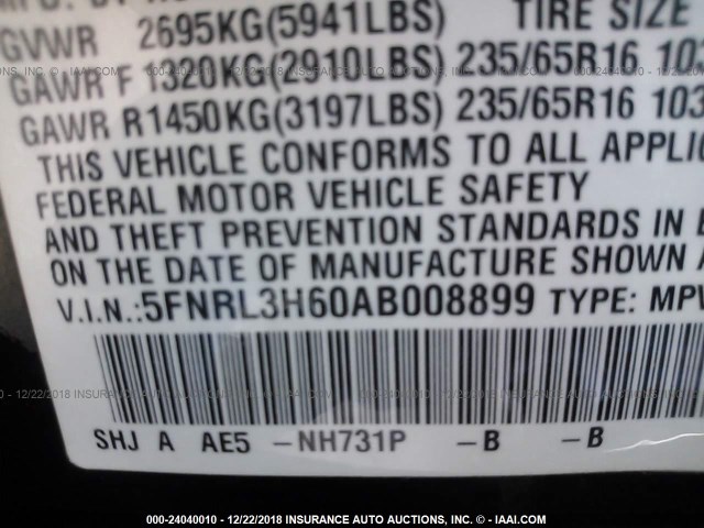 5FNRL3H60AB008899 - 2010 HONDA ODYSSEY EXL BLACK photo 9