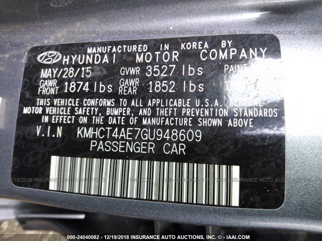 KMHCT4AE7GU948609 - 2016 HYUNDAI ACCENT SE GRAY photo 9