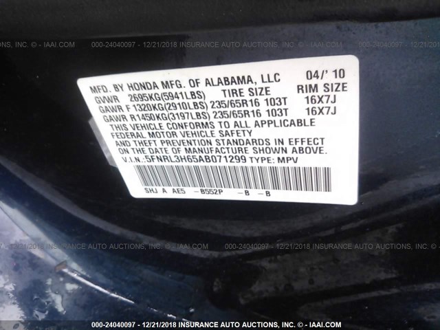 5FNRL3H65AB071299 - 2010 HONDA ODYSSEY EXL BLUE photo 9