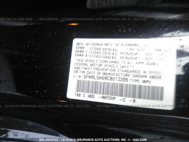 5FNRL5H69CB013209 - 2012 HONDA ODYSSEY EXL BLACK photo 9