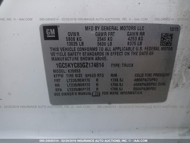 1GC5KYC83GZ174814 - 2016 CHEVROLET SILVERADO K3500 WHITE photo 9