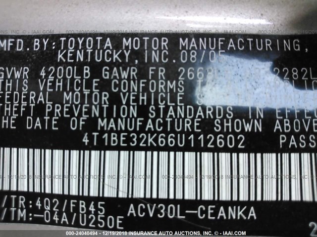 4T1BE32K66U112602 - 2006 TOYOTA CAMRY LE/XLE/SE TAN photo 9