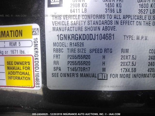 1GNKRGKD0DJ104681 - 2013 CHEVROLET TRAVERSE LT Մոխրագույն լուսանկար 9